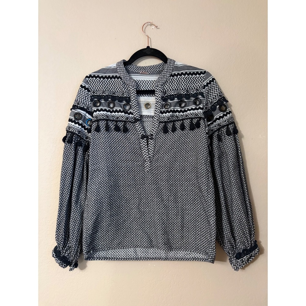 Dodo Bar Or Nathaniel Grommet Blouse Black White Tassel Boho Cotton Top Small